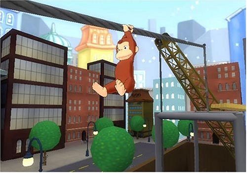 Coco der Affe hangelt sich an einem Seil entlang über die Großstadt, Cartoon-Stil.