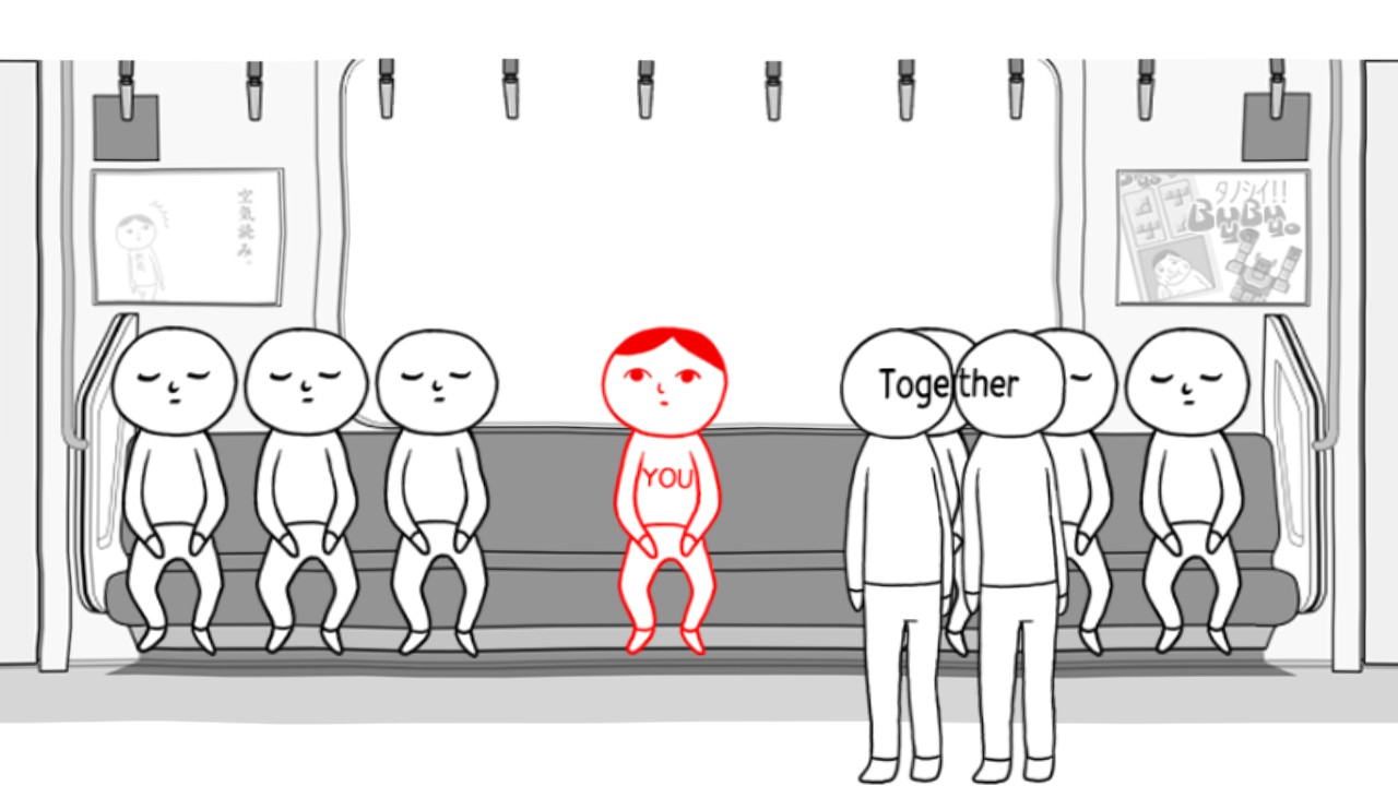 Cartoon-Zeichnung von Menschen, die in einer Bahn sitzen. In der Mitte eine rot markierte Figur mit der Aufschrift "YOU". Vorne stehen zwei Figuren nah aneinander, über ihren Köpfen erstreckt sich die Aufschrift "Tage-ther".