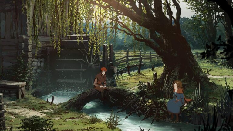 Mann und Frau sitzen an einem Bach unter einer Trauerweide im realistischen Cartoon-Stil.