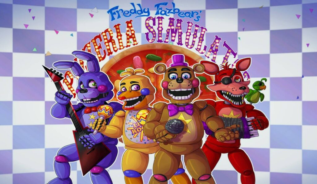 Freddy Fazbear's Pizzeria Simulator mit vier mechanischen Tierfiguren, die singen und Instrumente spielen, bunter Cartoon-Stil.