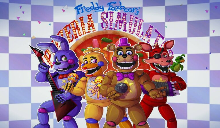 Freddy Fazbear's Pizzeria Simulator mit vier mechanischen Tierfiguren, die singen und Instrumente spielen, bunter Cartoon-Stil.