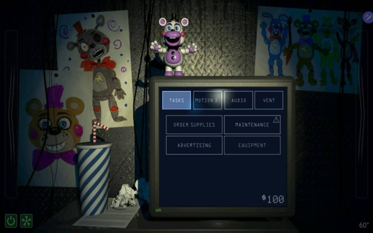 Düsteres, zugemülltes Büro mit einem Computer, auf dem verschiedene Aufgaben stehen, dahinter verschiedene Kinderzeichnungen von Tierfiguren.