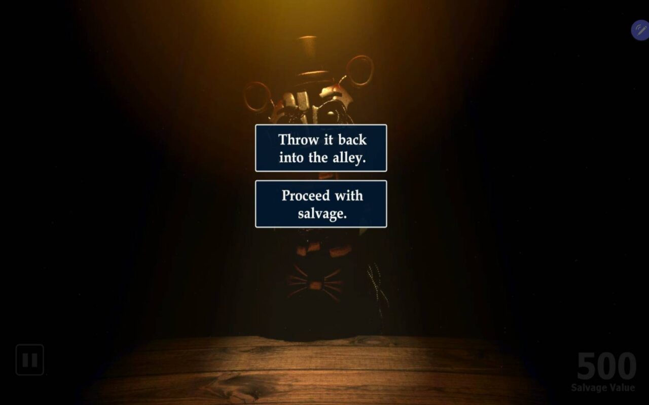 Schattiger Raum mit mechanischer Tierfigur, davor zwei Entscheidungskasten: Wegwerfen oder Behalten.