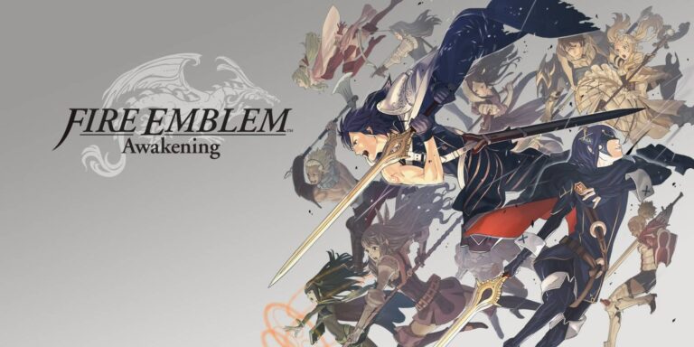 Links der Schriftzug "Fire Emblem: Awakening", rechts zahlreiche Figuren, welche mit ihren Schwertern alle in dieselbe Richtung zielen.