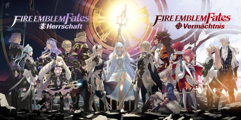 Oben links die Aufschrift "Fire Emblem Fates: Herrschaft", rechts: "Fire Emblem Gates: Vermächtnis". Darunter die zahlreichen Figuren.