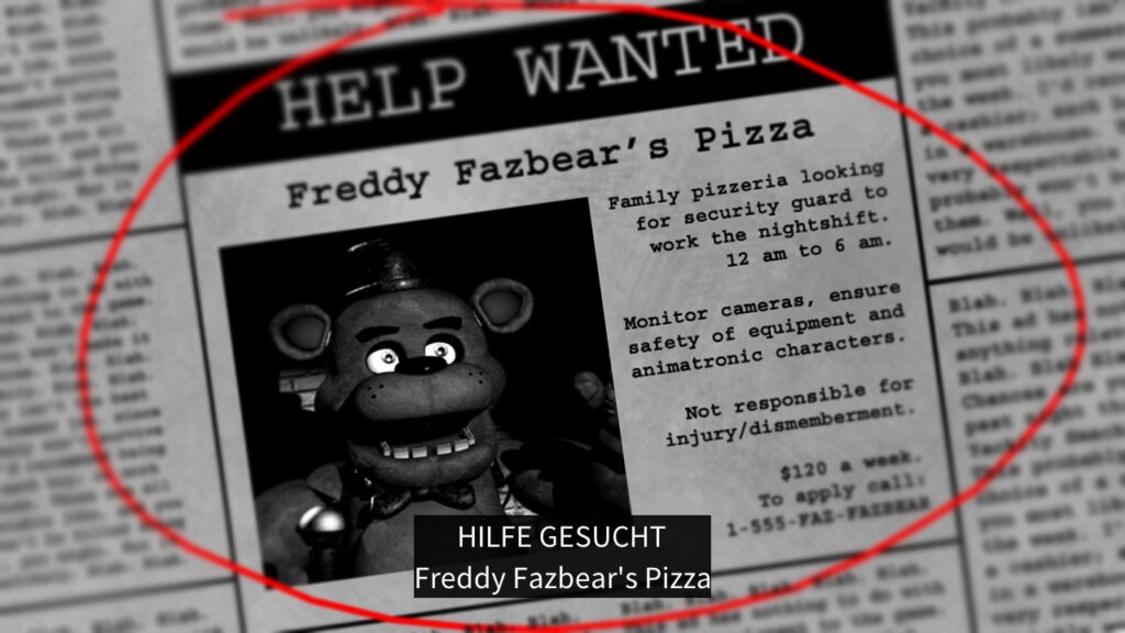 Zeitungsanzeige, die nach einer Aushilfe in Freddy Fazbear's Pizza sucht.