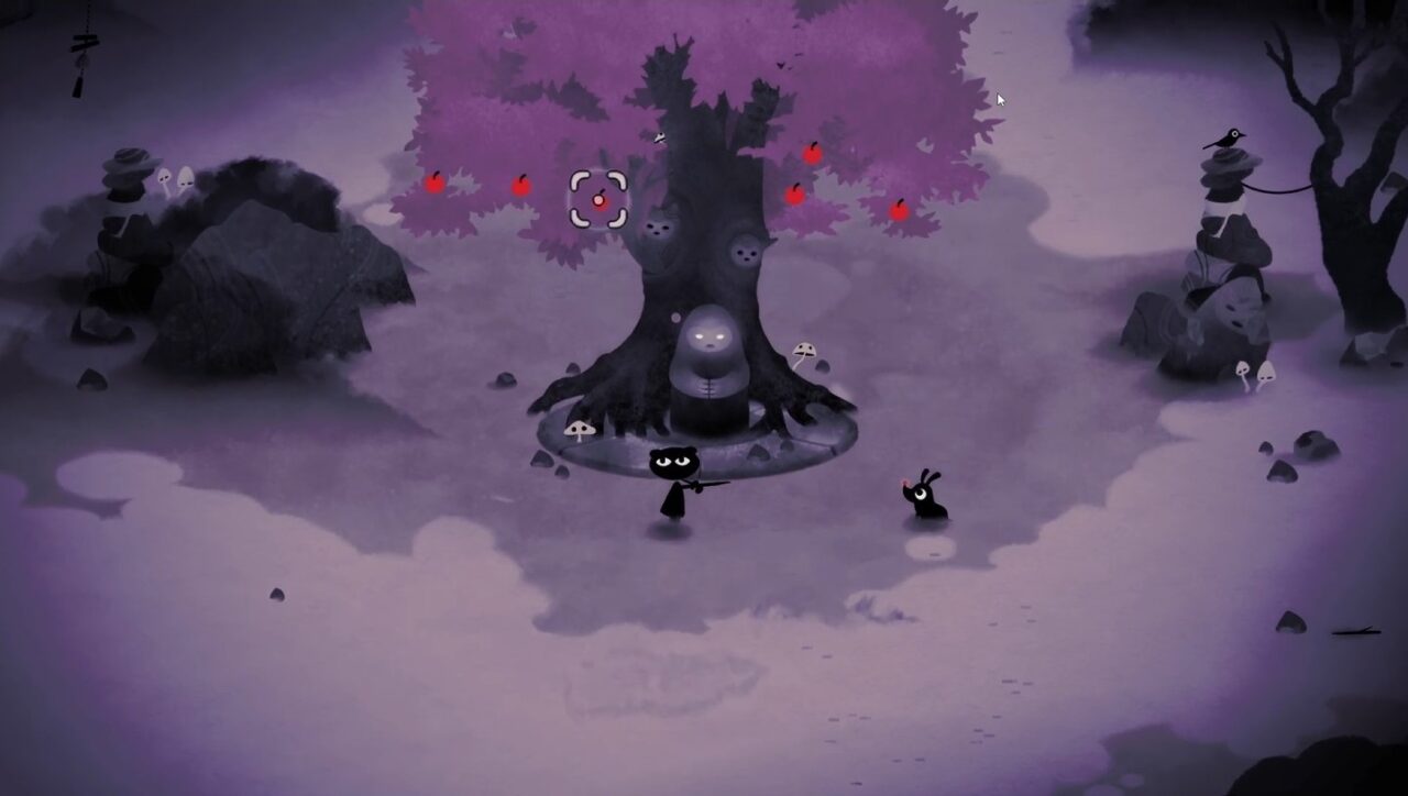 Schattenartiges Wesen versucht Apfel von einem düsteren, violetten Baum zu schießen.