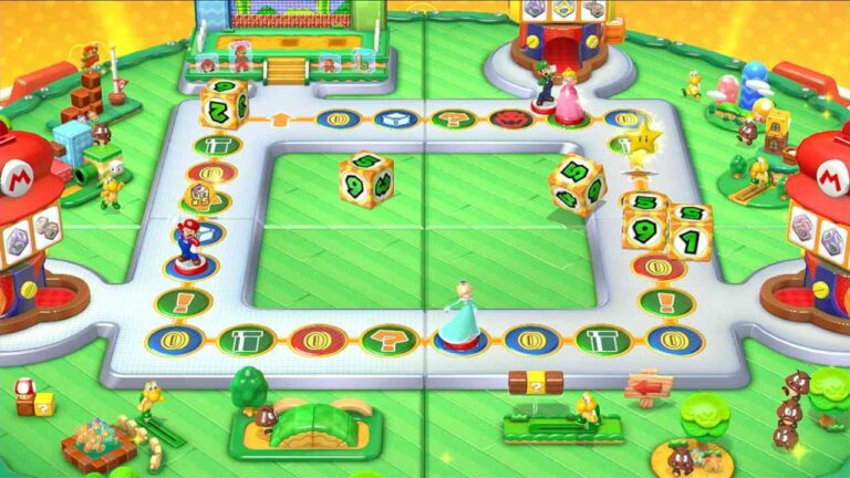 Mario-Charaktere auf dem Spielfeld, die für ihren nächsten Zug würfeln.
