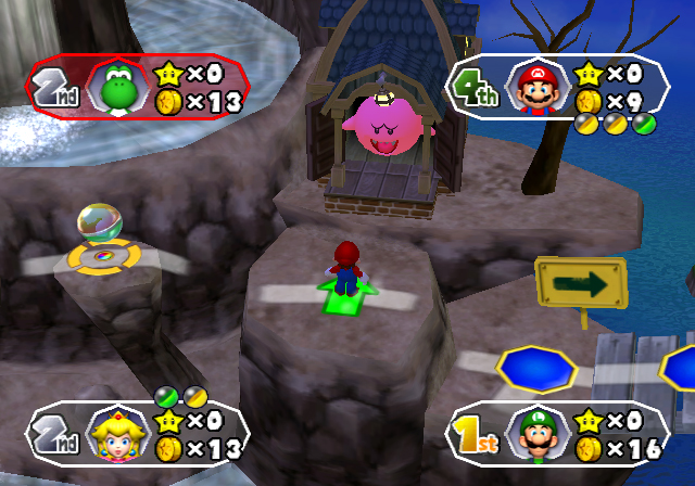 Super Mario steht auf dem Spielbrett vor einem pinkfarbenen Geist.