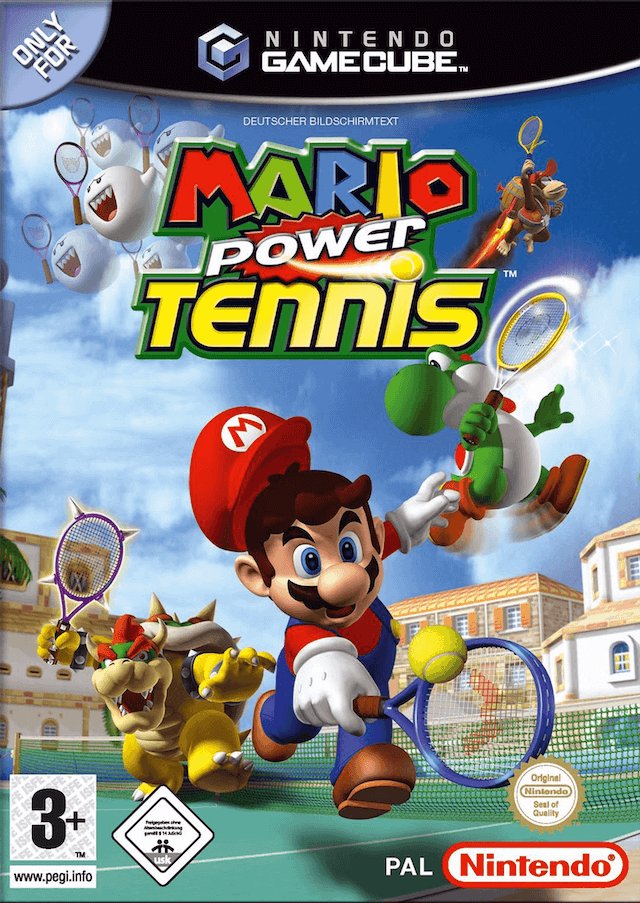Nintendo Gamecube-Spielhülle von Mario Power Tennis mit Mario und seinen Freunden, die Tennis spielen, USK 0.