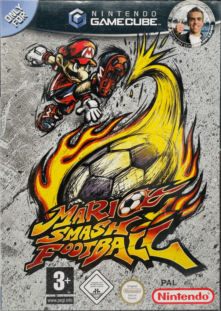 Nintendo Gamecube-Spielhülle von Mario Smash Football, mit Mario, der einen Fußball mit viel Feuerkraft tritt, USK 0.