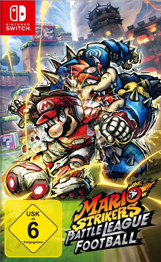 Packshot Mario Strikers Battle League Football für die Nintendo Switch mit USK-6-Zeichen.