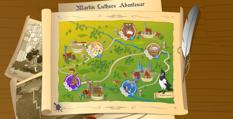 Eine cartoonartig gezeichnete Karte unter anderem mit der Wartburg, Worms und Erfurt.