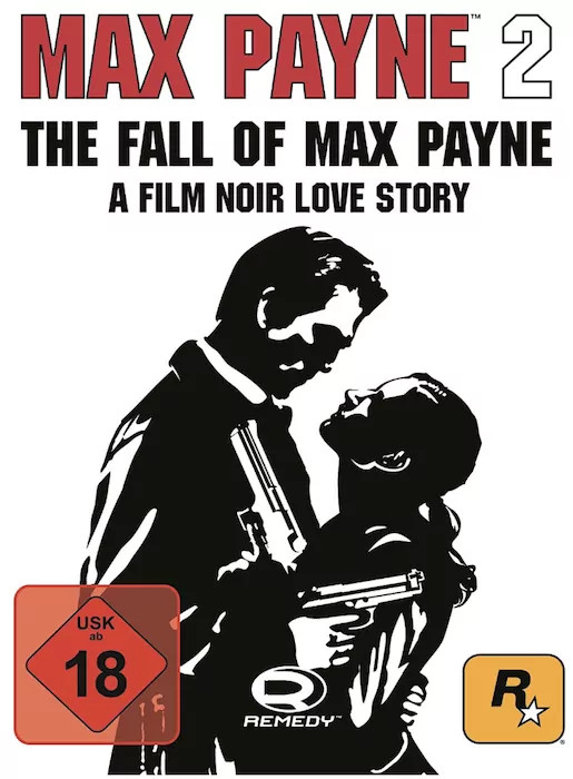 Spielhülle Max Payne 2: The Fall of Max Payne mit einem Mann und einer Frau im Schattenschnitt, USK 18.