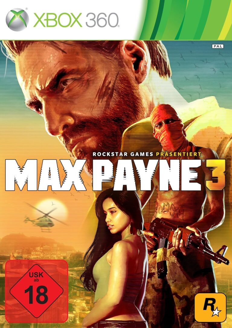 XBox360-Spielhülle Max Payne 3 mit einem Mann mit zerkratztem Gesicht hat, einem Maskierten mit Schußwaffe und einer hübschen Frau, USK 18.