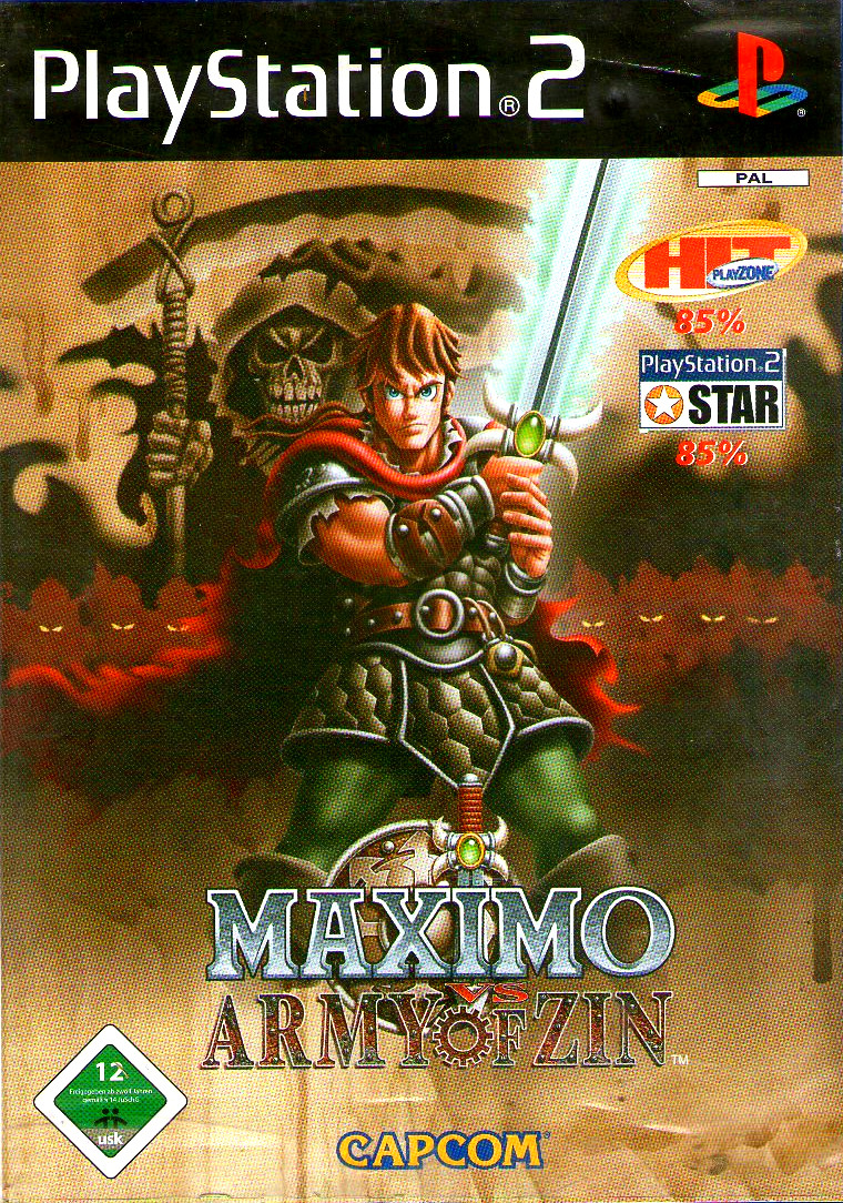 Playstation2-Spielhülle Maximo vs Army of Zin mit einem Ritter und einem Schwert, USK 12.