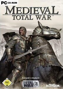 PC-Spielhülle von Medieval Total War mit einem Ritter auf einem gerüsteten Pferd, USK 6.