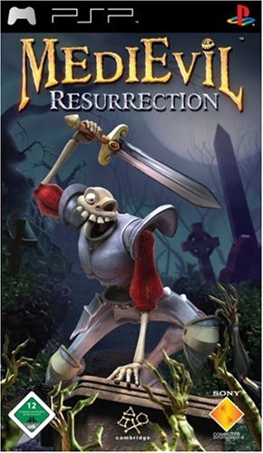 PS3-Spielhülle MediEvil: Resurrection mit einem Skelett-Ritter, der mit einem Schwert ausholt, USK 12.