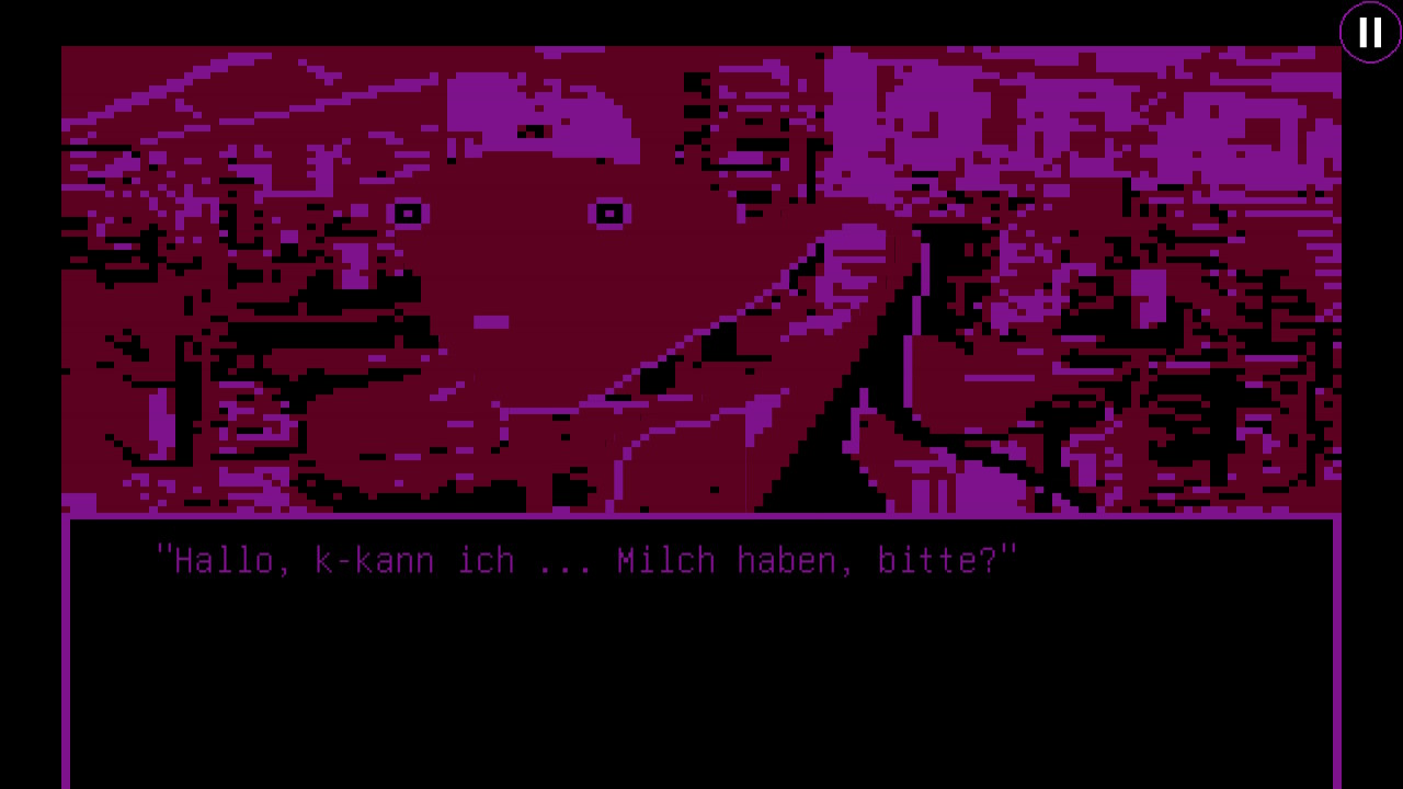 Ein verpixeltes Bild von einem kaum zu erkennenden Monsterwesen, darunter eine Textbox mit "Hallo, k-kann ich... Milch haben, bitte?"