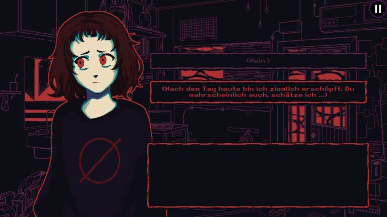 Mädchen im Pixel-Art-Style, daneben eine Textbox mit "Nach dem Tag heute bin ich ziemlich erschöpft. Du wahrscheinlich auch, schätze ich."