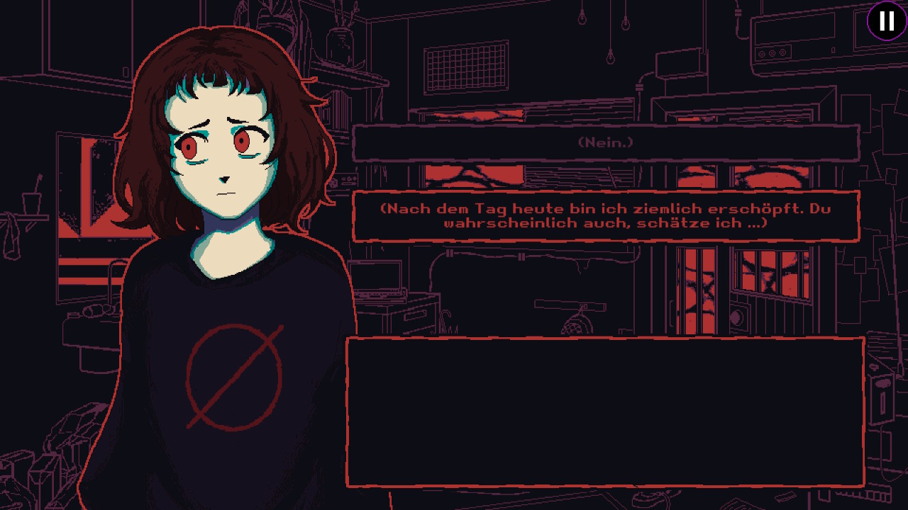 Mädchen im Pixel-Art-Style, daneben eine Textbox mit "Nach dem Tag heute bin ich ziemlich erschöpft. Du wahrscheinlich auch, schätze ich."