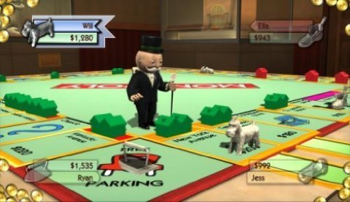 Männchen mit Anzug und Zylinder steht auf dem Monopoly-Spielbrett.