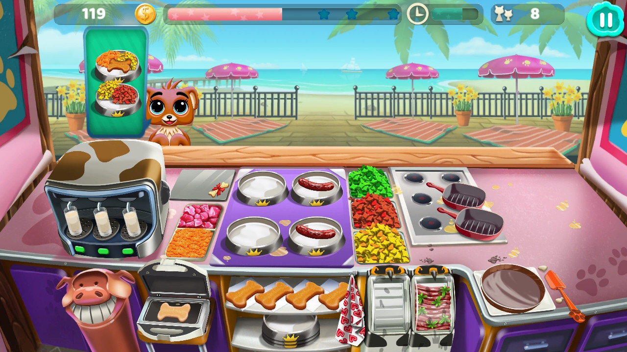 Hund bestellt an einer schmutzigen Theke Essen, im Cartoon-Stil.