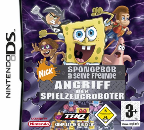 DS-Spielhülle von "Spongebob und Freunden: Angriff der Spielzeugroboter": Gelber Schwamm und weitere Figuren machen sich bereit zum Kampf.