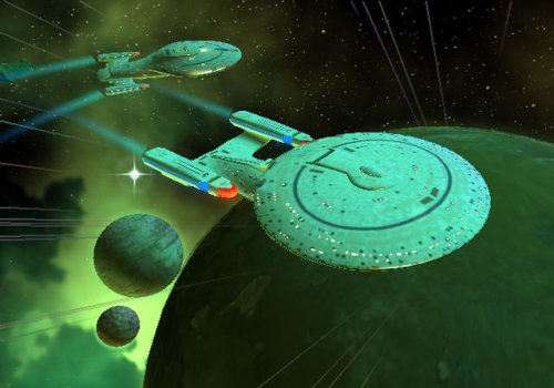 Ein Raumschiff im Weltall mit Planeten im Hintergrund.