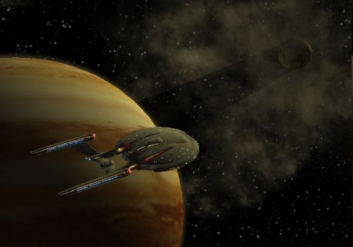 Dunkles Weltall mit einem Raumschiff vor einem Planeten.
