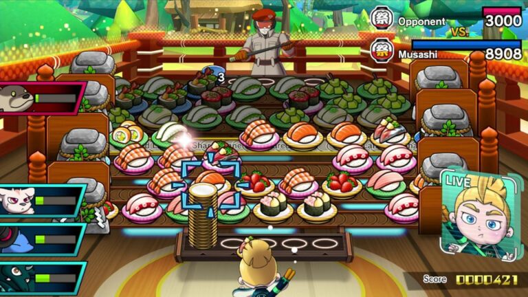 Ganz viel Sushi auf einem Fließband, im Anime-Stil.
