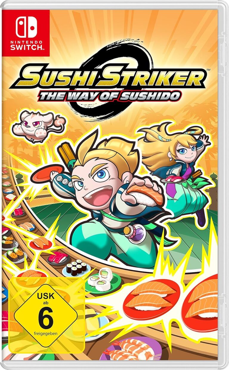 Packshot "Sushi Striker: Way of Sushido", Junge und Mädchen bereiten Fließband-Sushi vor, USK 6.
