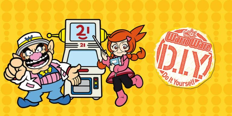 Rechts die Aufschrift "Wario Ware D.I.Y: Do It Yourself", links zwei cartoonartige Figuren, einer von ihnen Wario, vor einem Spielautomaten.