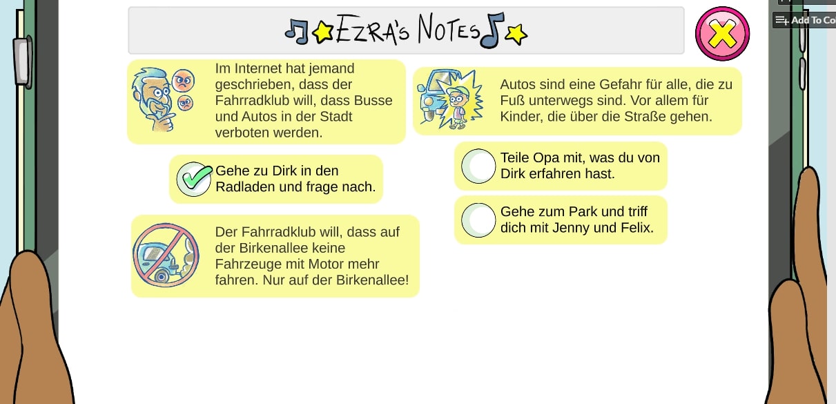 Blick auf Ezras Notizen die zeigen, was Ezra bereits erledigt hat und wo sie als nächstes hingehen muss.