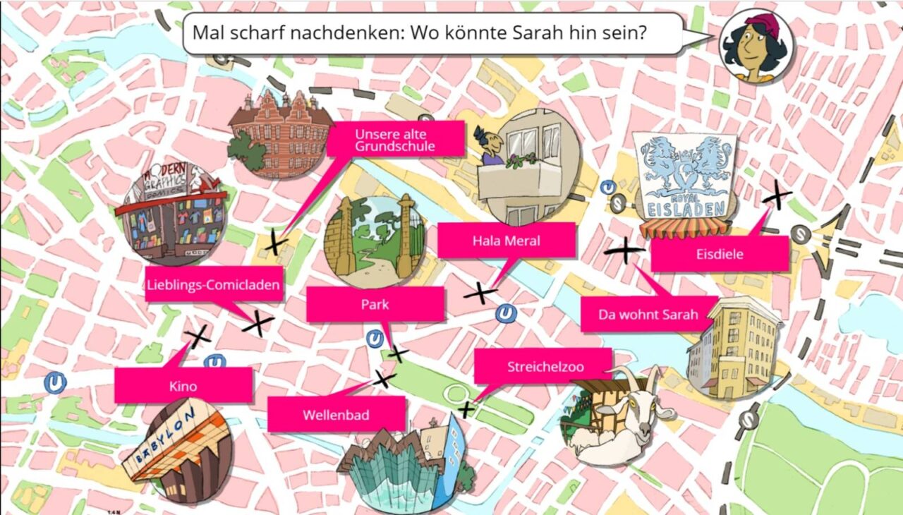 Karte von Berlin in Zeichentrickoptik bei der mehrere Orte ausgewählt werden können. Sibel fragt sich wo ihre Freundin Sarah hier sein könnte.