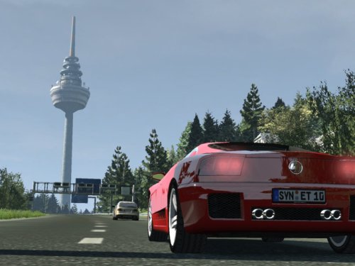 Rotes Auto vor dem Fernsehturm.
