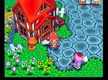 Animierte Figur steht vor einem Haus mit Blumen.