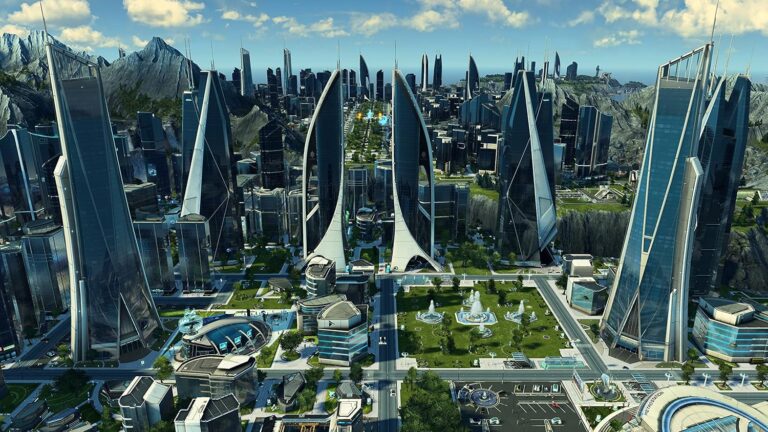Top-Ansicht einer modernen Stadt mit futuristischen Gebäuden.