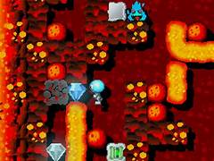 Eine blaue Figur, Lava-Wände und Kristalle.