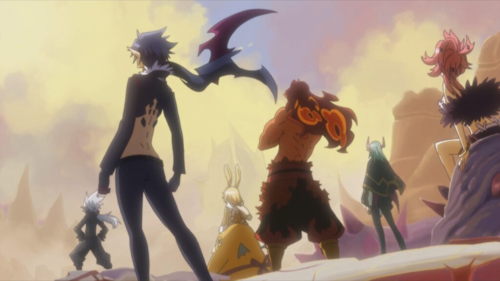 Verschiedene Dämonen im Anime-Stil stehen mit dem Rücken zum Betrachter und schauen sich eine wüstenhafte Gegend an.