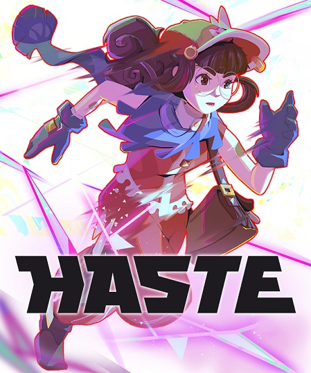 Artwork Haste mit rennendem Anime-Mädchen mit braunen Haaren und Brille.