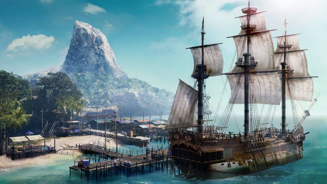 Schiff hält vor einer Insel mit einem hohen Berg.
