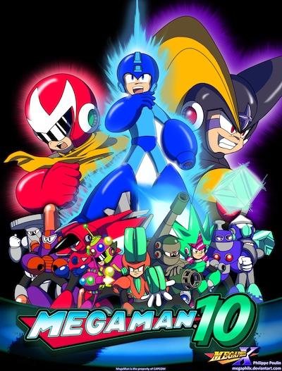 Gezeichneter Mega Man mit vielen weiteren Roboter-Figuren.