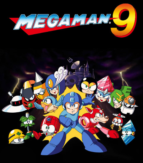 Artwork Mega Man 9 mit verschiedenen Roboterfiguren.
