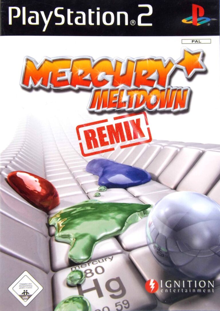 PlayStation-2-Spielhülle Mercury Meltdown Remix mit einer Metallkugel, die an Farbklecksen vorbeirollt.
