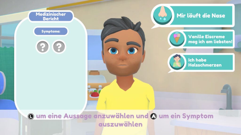 EInblick ins Spiel: Diagnoseverfahren. Patient schildert seine Symptome, die ausgewählt werden sollen.