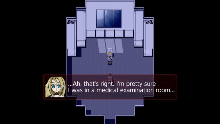 Einblick ins Spiel: Blondes Mädchen steht in einem Untersuchungsraum im Pixel-Art-Stil.