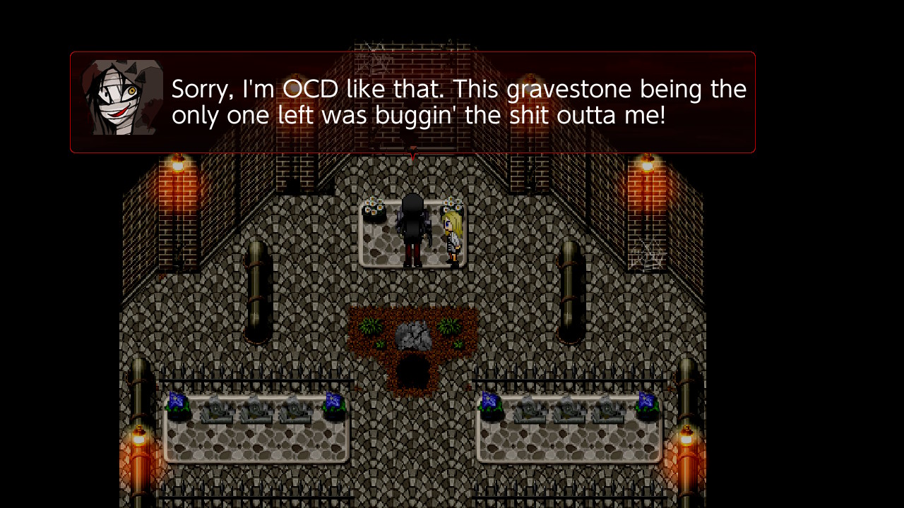 Einblick ins Spiel: Mann und Mädchen stehen auf einem Friedhof und betrachten ein Grab. Mann beschwert sich über dieses.