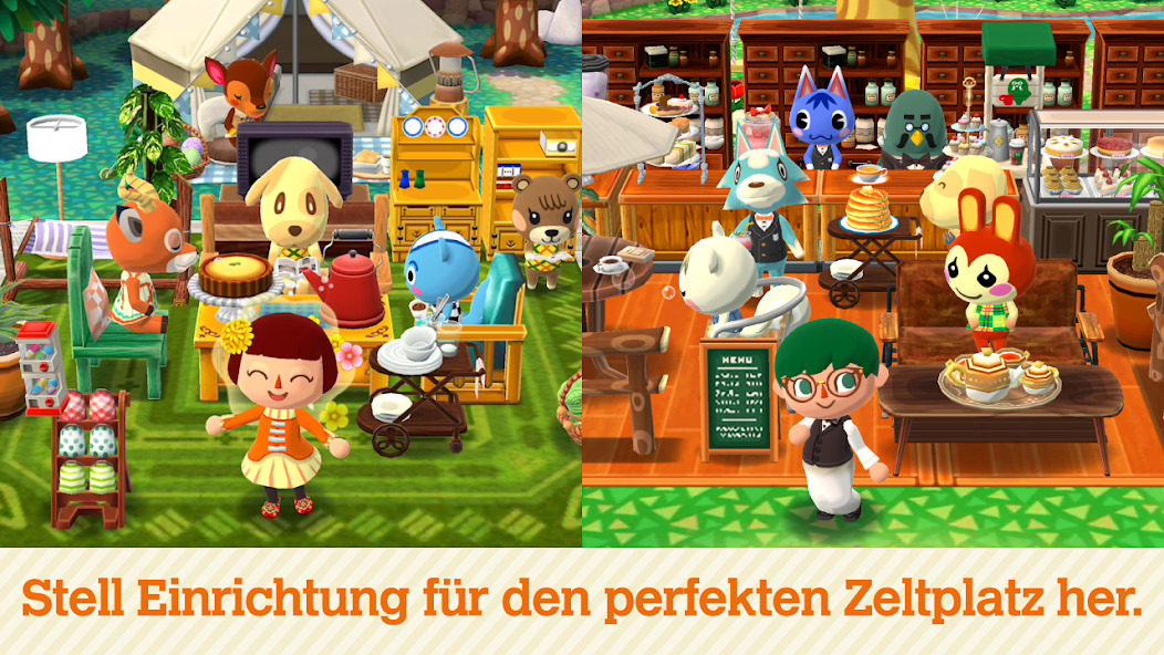 Ein geteiltes Bild auf dem zwei unterschiedliche Zeltplätze gezeigt werden. Auf beiden Plätzen sitzen verschiedene niedliche Tiere bei Kaffee und Kuchen zusammen.