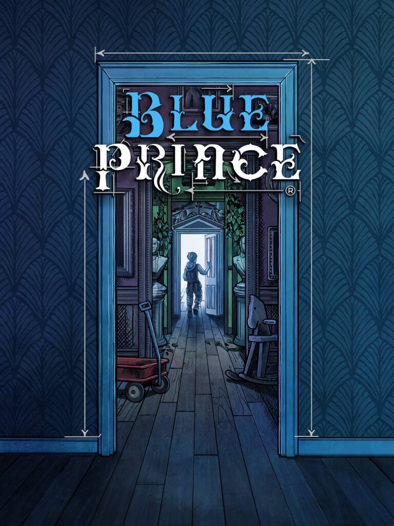 Packshot von Blue Prince mit einem Jungen, der durch eine Tür geht, im gezeichneten Stil.